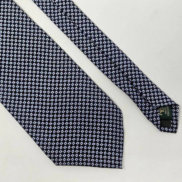 LAUREN RALPH LAUREN HAND FINISHED SILK TIE BLUE WHITE DOT CHECKER 3.5" X 56" - Picture 1 of 2